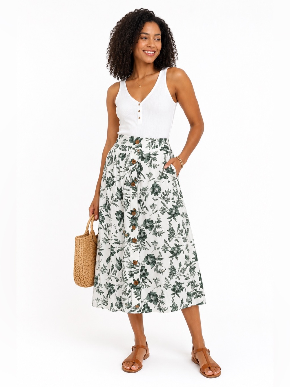 Kohl’s Green Floral Button Front Midi Skirt High Waist Boho Women’s XXL